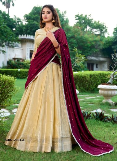 Cream & Wine Kanchipuram Zari Woven Lehenga Choli For Traditional / Religious Occasions