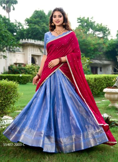 Royal Blue & Wine Red Kanchipuram Zari Woven Lehenga Choli For Traditional / Religious Occasions