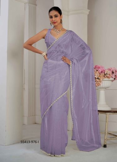 Lavender Organza Stone-Work Party-Wear Beautiful Saree