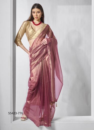 Mauve Tissue Net Embroidered Bollywood Saree For Kitty-Parties