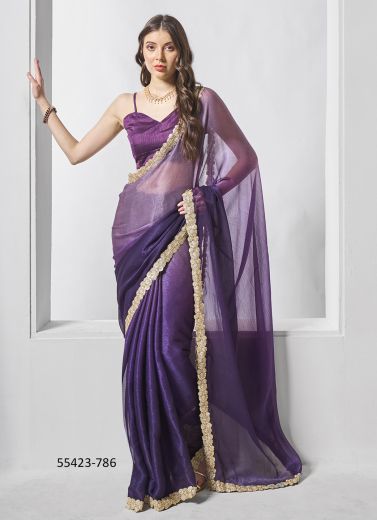 Violet Chiffon Embroidered Bollywood Saree For Kitty-Parties