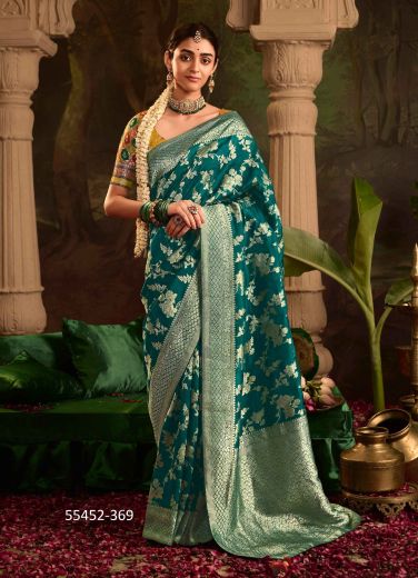 Teal Green Crepe Dolla Silk Woven Wedding-Wear Saree