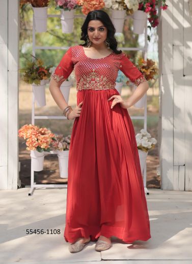 Red Georgette Blooming Sequins-Work Party-Wear Readymade Floor-Length Gown