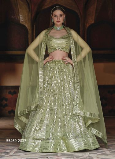 Light Olive Green Net Sequins-Work Party-Wear Gliterring Lehenga Choli