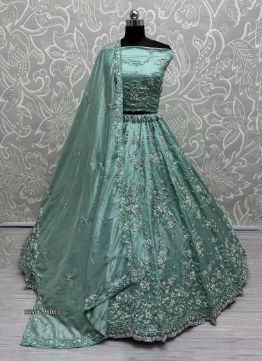 Light Teal Blue Silk Handworked Wedding-Wear Bridal Lehenga Choli