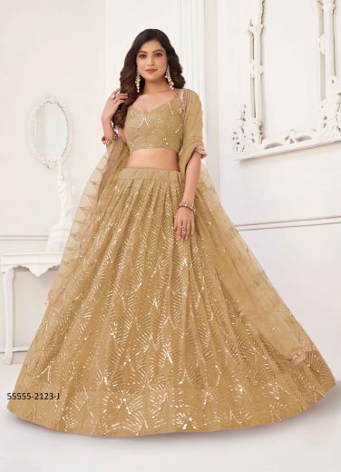 Burlywood Net Two Tone Cotton Thread Sequins Embroidery Work Party-Wear Gliterring Lehenga Choli