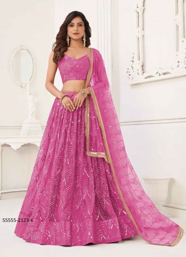 Pink Net Two Tone Cotton Thread Sequins Embroidery Work Party-Wear Gliterring Lehenga Choli