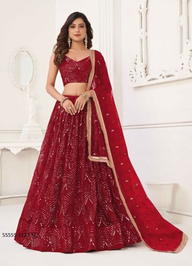 Crimson Red Net Two Tone Cotton Thread Sequins Embroidery Work Party-Wear Gliterring Lehenga Choli