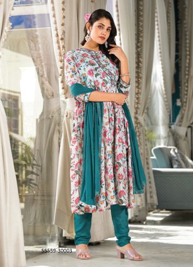 Light Blue & Pink Muslin Silk Digitally Printed Trending Readymade Salwar Kameez For Kitty-Parties