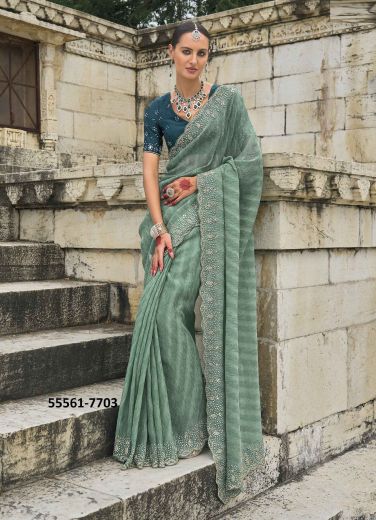 Sea Green Pure Crush Tissue Handwork Wedding-Wear Boutique-Style Saree