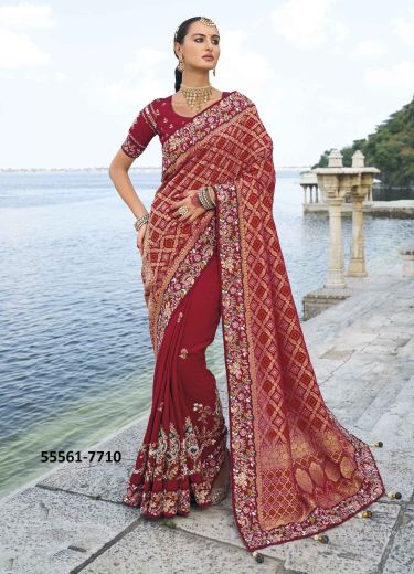 Maroon Pure Bandhej Pallu & Dola Silk Handwork Wedding-Wear Boutique-Style Saree