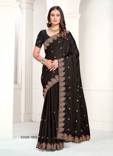 Black Satin Zari Silk Handworked Festive-Wear Saree