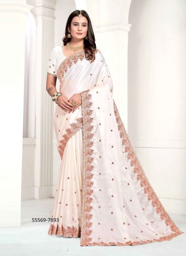 White Satin Zari Silk Handworked Festive-Wear Saree