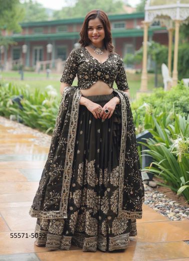 Dark Gray Rangoli Silk Embroidered Traditional Lehenga Choli For Traditional / Religious Occasions