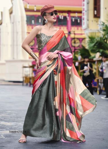 Multicolored Pure Satin Silk Digitally Printed Vibrant Saree For Kitty-Parties