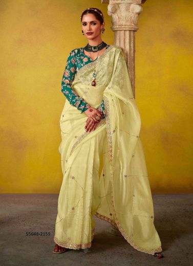 Creamy Yellow Pure Silk Embroidered Wedding-Wear Beautiful Saree