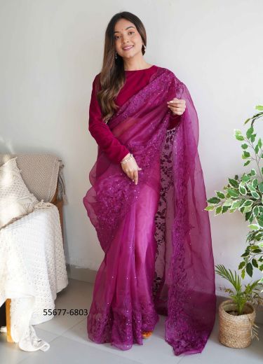 Purple Soft Pure Organza Thread-Work Party-Wear Boutique-Style Saree