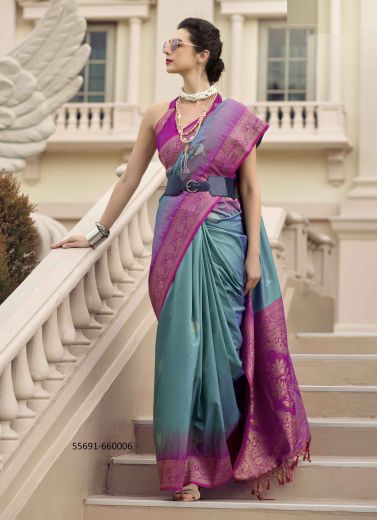 Light Teal Blue & Purple Woven Soft Silk Saree For Traditional / Religious Occasions