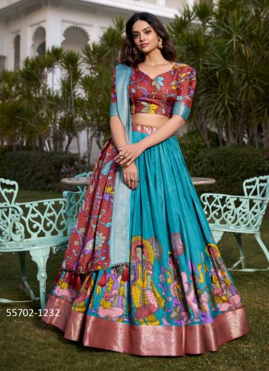 Aqua Blue & Maroon Jacquard Silk Kalamkari Digitally Printed Lehenga Choli For Traditional / Religious Occasions