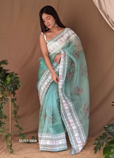 Light Blue Pure Soft Organza Lakhnavi Work Floral Printed Saree For Kitty-Parties