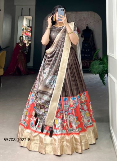 Dark Brown & Orange Silk Kalamkari Digitally Printed Lehenga Choli For Traditional / Religious Occasions