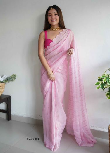 Light Pink Organza Sequins-Work Evening-Wear Saree