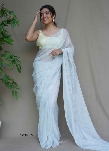 Light Blue Organza Sequins-Work Evening-Wear Saree