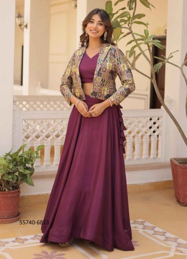 Dark Purple Chinon Printed Party-Wear Readymade Lehenga Choli With Shrug