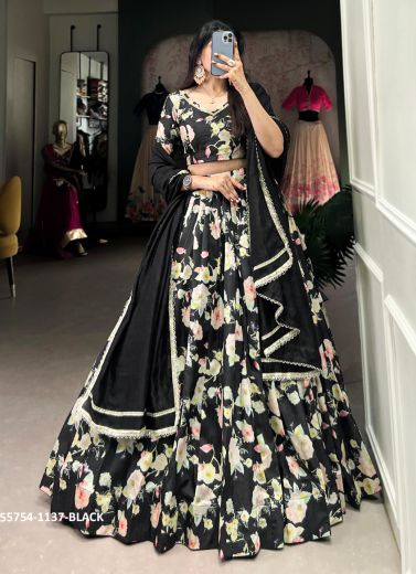 Black Tussar Silk Floral Digitally Printed Festive-Wear Lehenga Choli