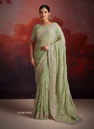 Light Green Organza Handwork Wedding-Wear Boutique-Style Saree