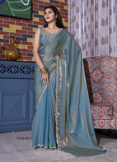 Sky Blue Fendi Two Tone Silk Stone-Work Festive-Wear Beautiful Saree