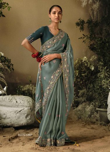 Sage Blue Dola Silk Embroidered Wedding-Wear Saree