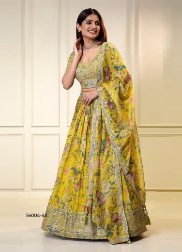 Yellow Organza Floral Digitally Printed Party-Wear Readymade Lehenga Choli