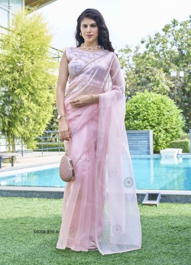 Light Pink Organza Jacquard Zircon-Work Beautiful Saree For Kitty-Parties