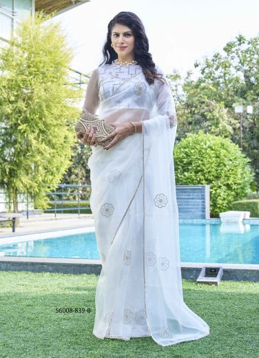 White Organza Jacquard Zircon-Work Beautiful Saree For Kitty-Parties