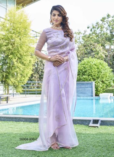 Light Lilac Organza Jacquard Zircon-Work Beautiful Saree For Kitty-Parties