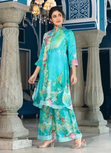 Aqua & White Pure Muslin Digitally Printed Resort-Wear Readymade Co-Ord Set