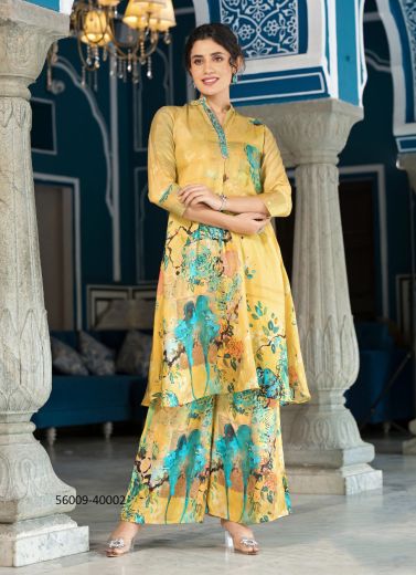 Mustard Yellow & Aqua Pure Muslin Digitally Printed Resort-Wear Readymade Co-Ord Set