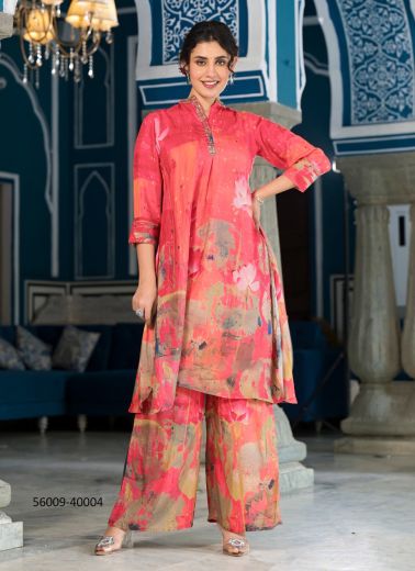 Coral Red & Beige Pure Muslin Digitally Printed Resort-Wear Readymade Co-Ord Set