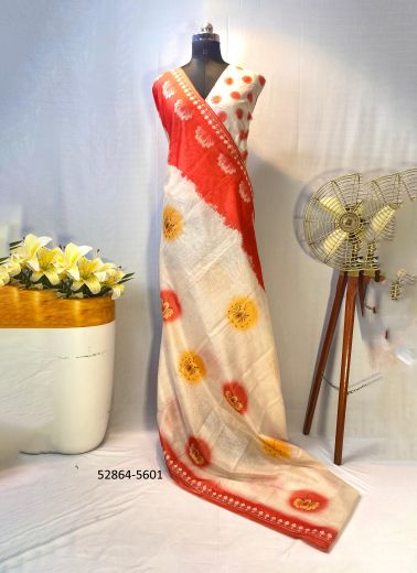 Bone White & Orange Red Pure Chanderi Woven Durga Pooja Special Saree