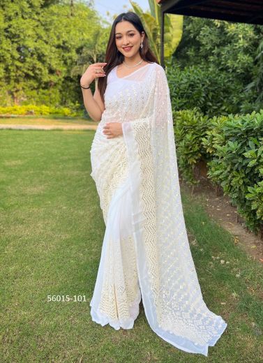 White Soft Georgette Sequins-Work Saree For Kitty-Parties