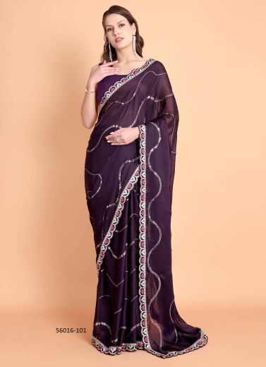 Dark Purple Georgette Sequins-Work Saree For Kitty-Parties