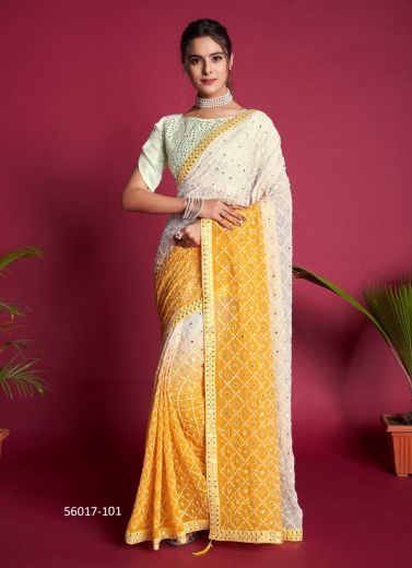 White & Marigold Georgette Thread-Work Party-Wear Boutique-Style Saree