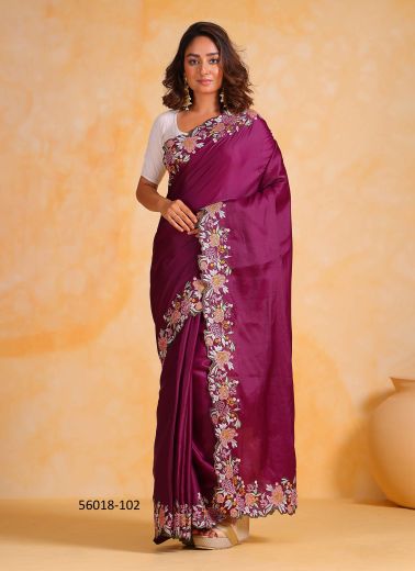 Wine Tusser Silk Thread-Work Fashionable Saree For Kitty-Parties