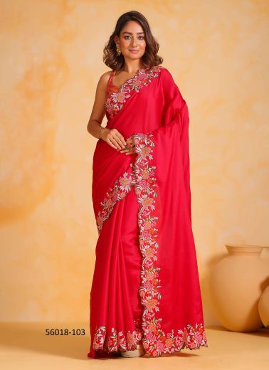 Red Tusser Silk Thread-Work Fashionable Saree For Kitty-Parties