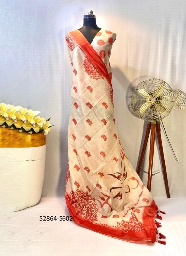 Bone White & Orange Red Pure Chanderi Woven Durga Pooja Special Saree