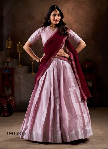 Pink & Wine Jacquard Silk Woven Readymade Lehenga Choli For Traditional / Religious Occasions