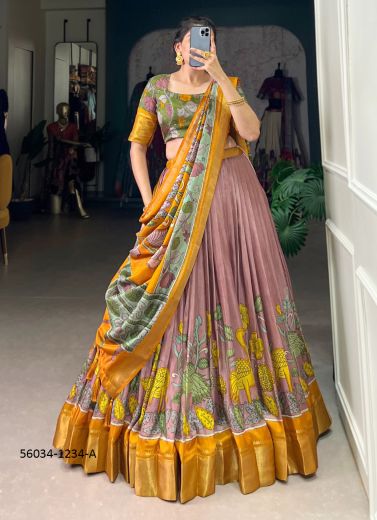 Mauve & Orange Dolla Silk Jacquard Floral Digitally Printed Lehenga Choli For Traditional / Religious Occasions