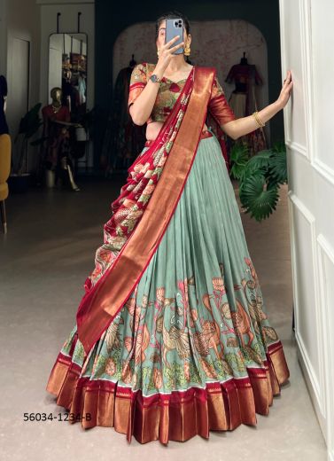 Sage Blue & Wine Red Dolla Silk Jacquard Floral Digitally Printed Lehenga Choli For Traditional / Religious Occasions