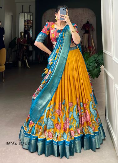 Orange & Sky Blue Dolla Silk Jacquard Floral Digitally Printed Lehenga Choli For Traditional / Religious Occasions